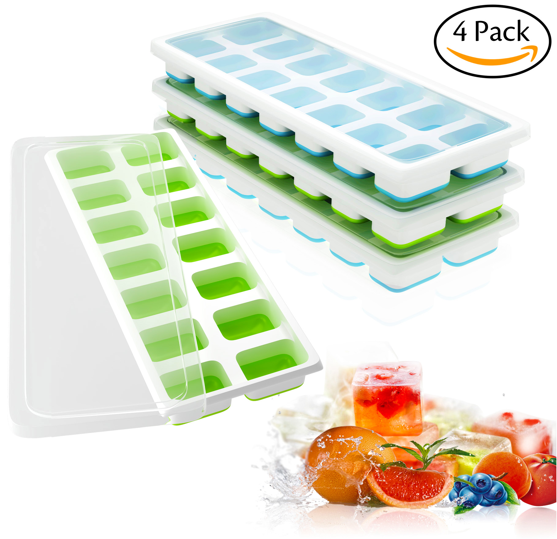 Ouddy 4 Pack Ice Cube Trays with Lid, Silicone Ice Cube Molds, 14-Ice Trays Can Make 56 Ice Cubes, BPA Free Nontoxic and Safe, Stackable Durable ( Blue & Green ) - Click Image to Close