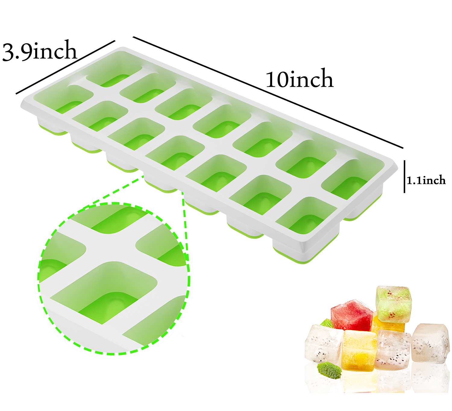 Ouddy 4 Pack Ice Cube Trays with Lid, Silicone Ice Cube Molds, 14-Ice Trays Can Make 56 Ice Cubes, BPA Free Nontoxic and Safe, Stackable Durable ( Blue & Green ) - Click Image to Close