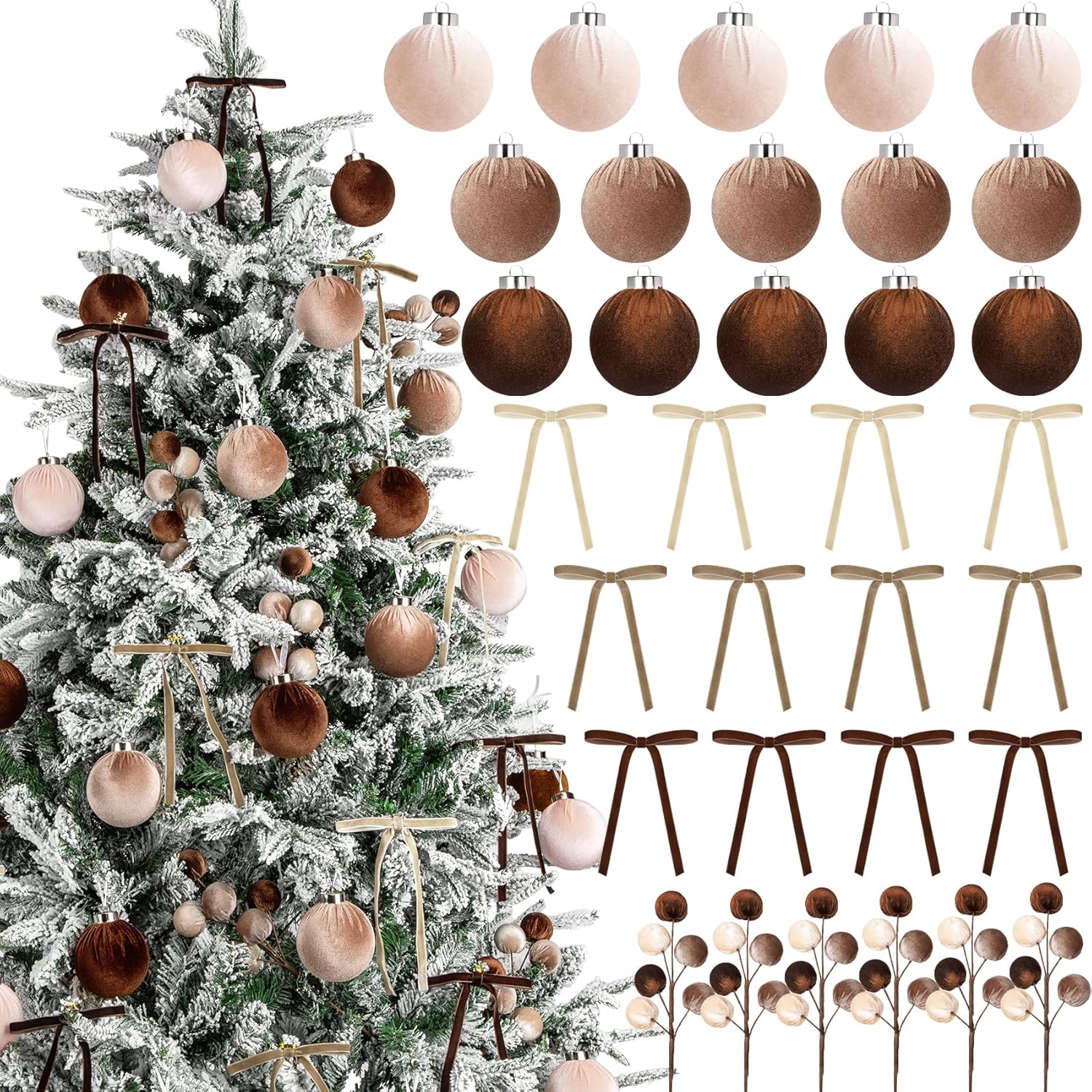 Ouddy Decor 33 Pcs Velvet Christmas Ornaments Set, 3.15 Inch Neutral Christmas Balls Ornaments with Ribbon Bows Spheres Ball Tree Picks for Xmas Wreath Garland Holiday Winter Decor, Brown & Beige
