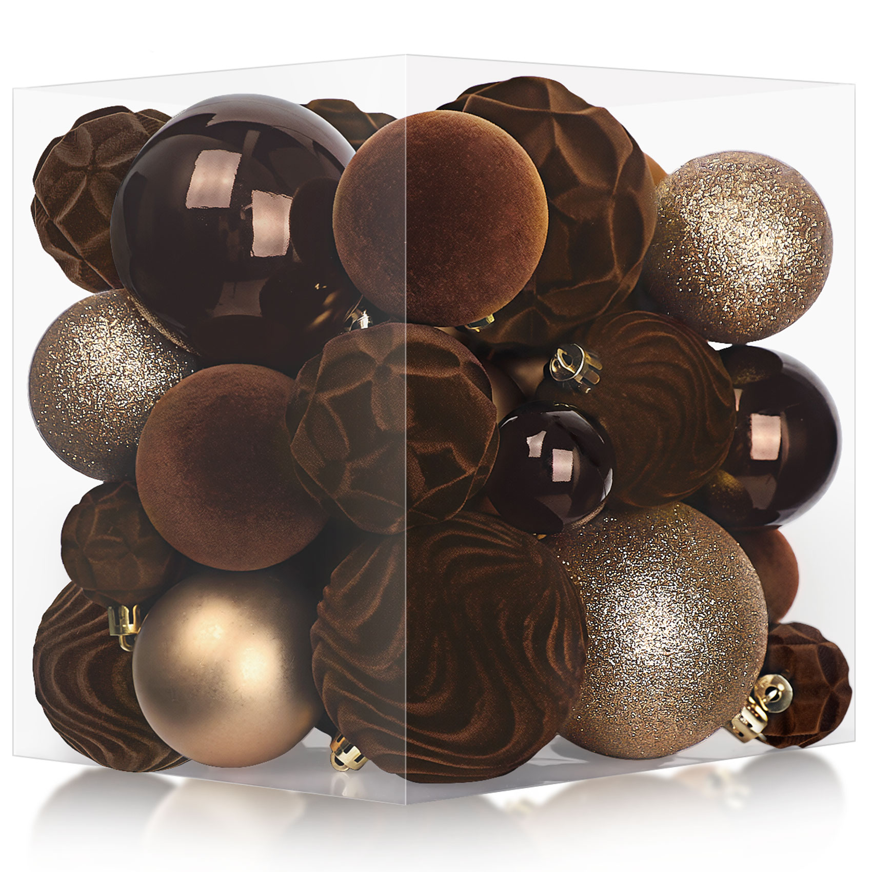 Ouddy Party 36PCS Velvet Christmas Ball Ornaments Set, Brown Flocked Christmas Xmas Tree Decorations Shatterproof Glitter Plastic Hanging Ball Ornaments for Wreath Home Party Holiday Decor with 7 Styles in 3 Size