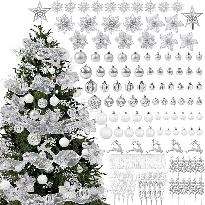 Ouddy Decor 105 Pcs Christmas Tree Decorations Set, Assorted Shatterproof Silver Christmas Hanging Ball Ornaments Poinsettia Berries Metallic Mesh Ribbon for Xmas Tree Holiday Winter Decor, Silver