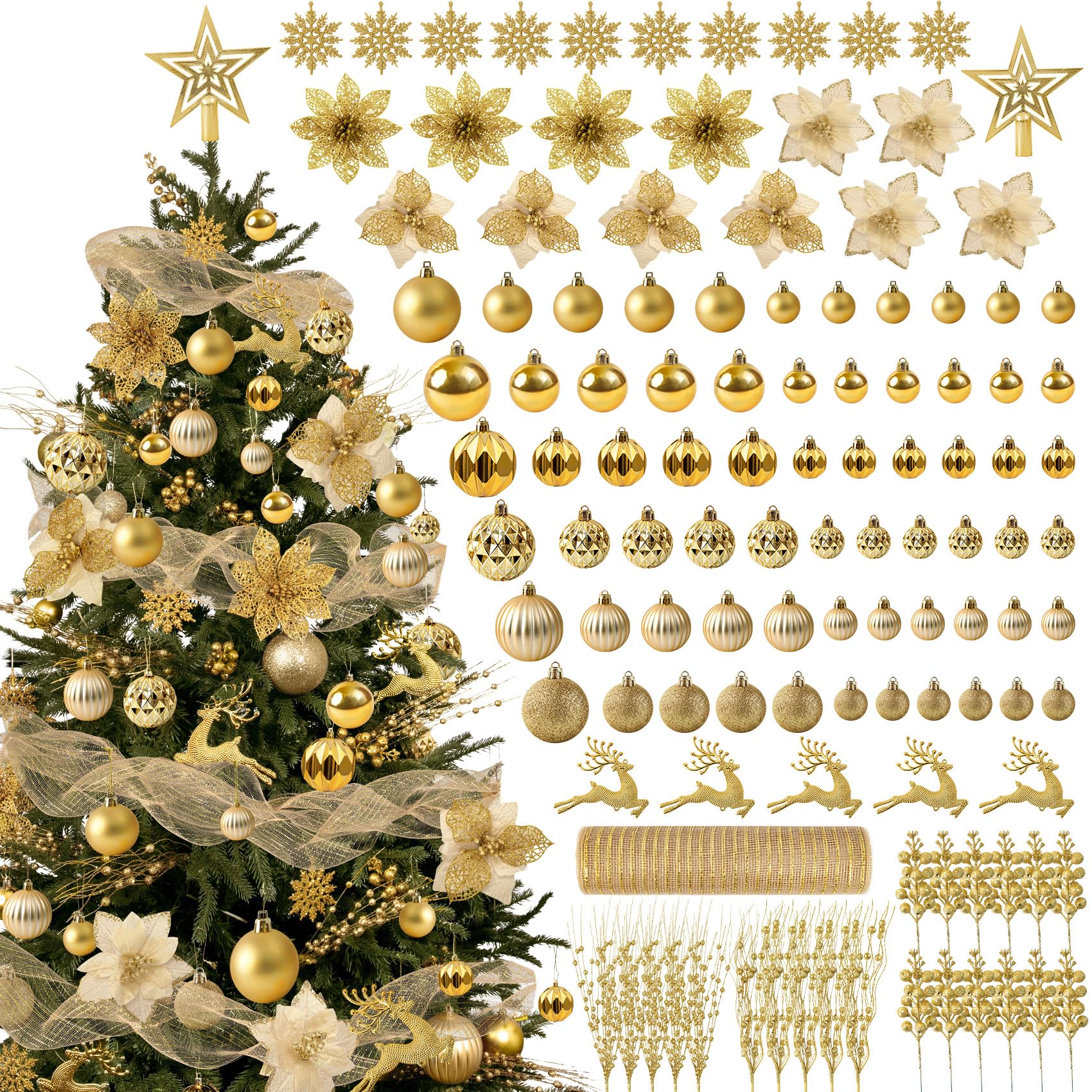 Ouddy Decor 105 Pcs Christmas Tree Decorations Set, Assorted Shatterproof Gold Christmas Ball Ornaments Poinsettia Berries Metallic Mesh Ribbon for Xmas Tree Holiday Winter Decor, Gold