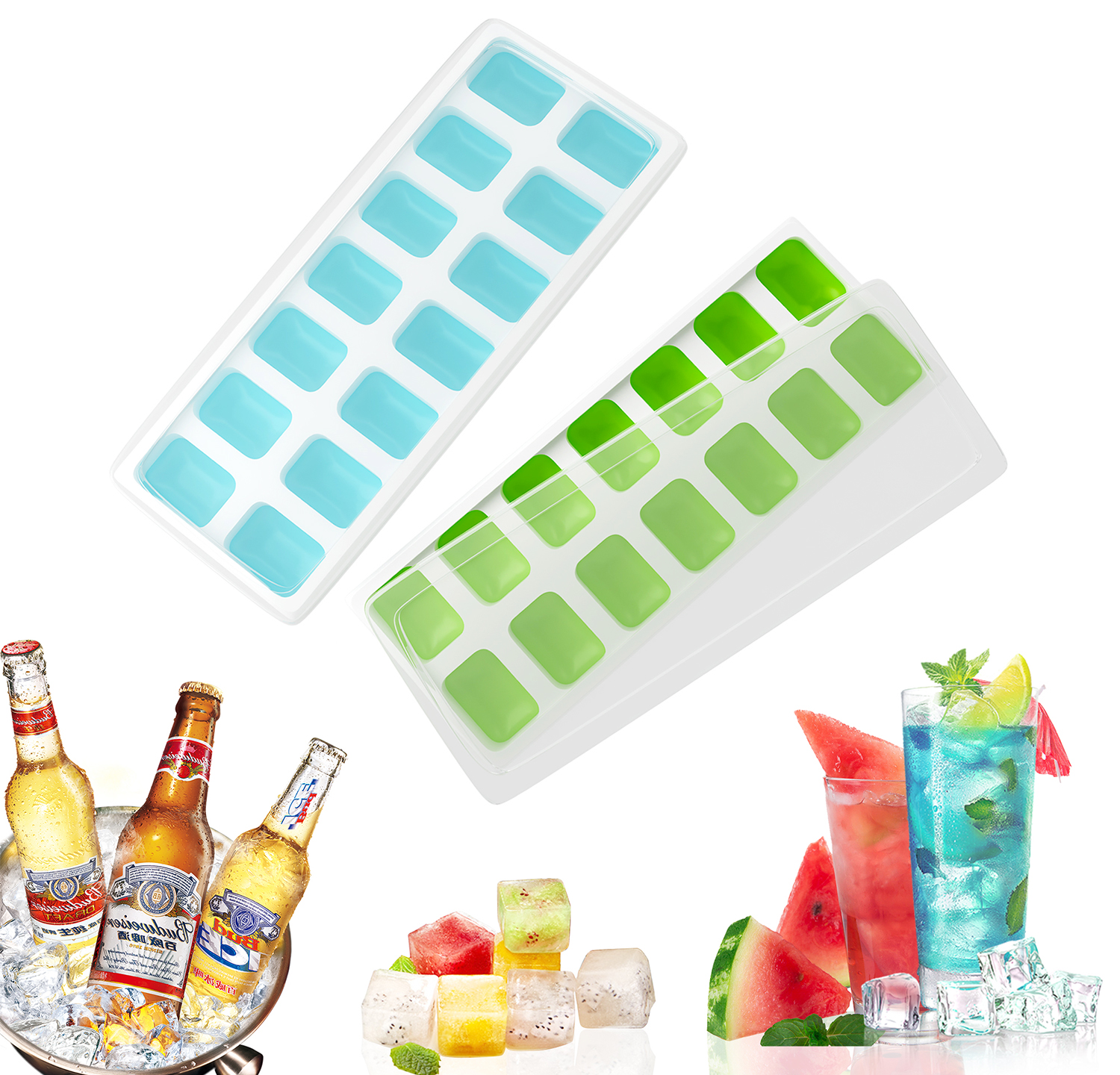 Ouddy 4 Pack Ice Cube Trays with Lid, Silicone Ice Cube Molds, 14-Ice Trays Can Make 56 Ice Cubes, BPA Free Nontoxic and Safe, Stackable Durable ( Blue & Green )