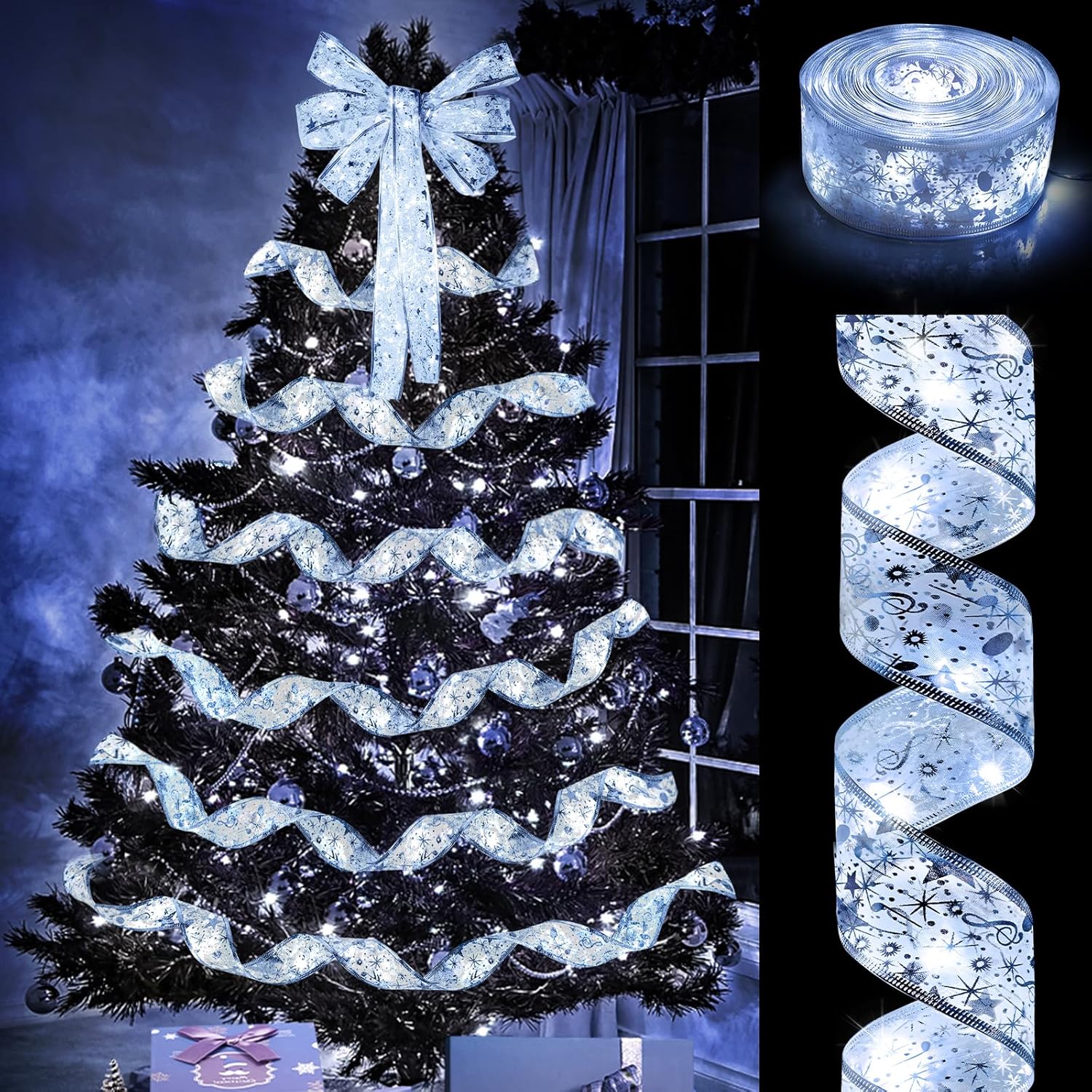 Ouddy Life 32ft Christmas Ribbon Fairy Lights, 100 LED Lights Silver Ribbon for Christmas Tree Wired Double Layer Mesh, Outdoor Indoor New Year Holiday Christmas Tree Decorations Wrapping Xmas Garland