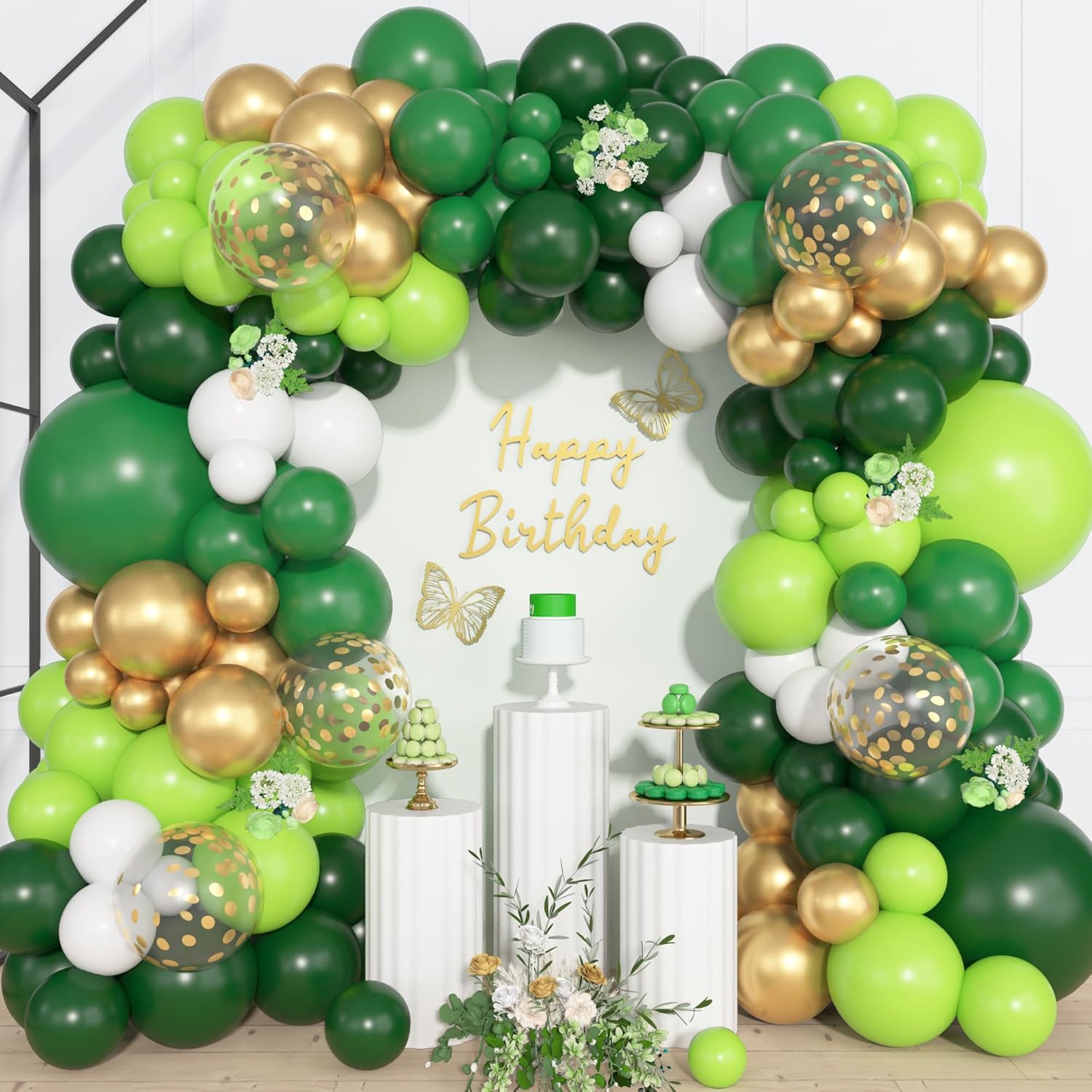 Ouddy Life 157 Pcs Green Balloons Garland Arch Kit, Dark Fruit Green White Metallic Gold Confetti Different Size Balloon for Dinosaur Jungle Safari Wild One Birthday Baby Shower Party Decorations