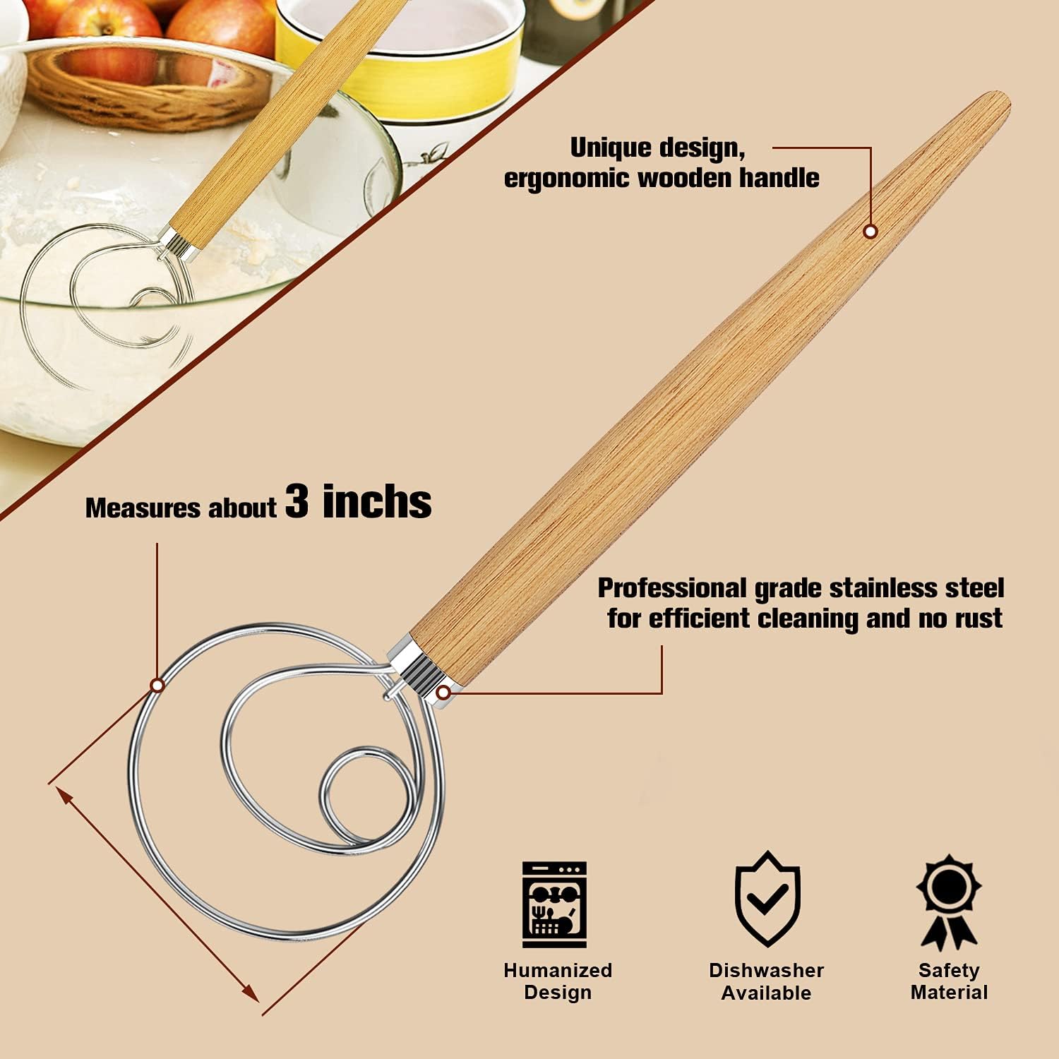 Ouddy 2 Pack Danish Dough Whisk 13.5” Dough Whisk Stainless Steel Dutch Style Bread Whisk Wooden Handle Danish Whisk for Bread, Batter, Cake, Pastry